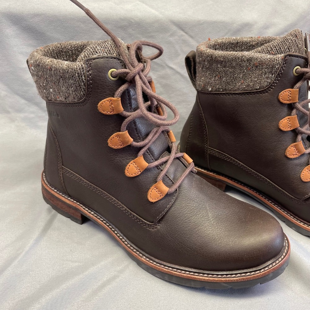 LL Bean Stonington Boots Women 8.5 Dark Brown Leather Sweater Fleece Knit TEK2.5
